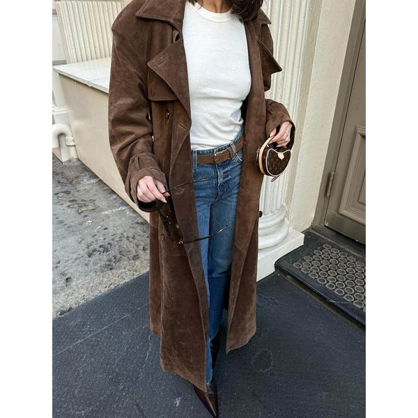Men's Suede Trench Coat Water Resistant Double Breasted Long Longline - Image 1