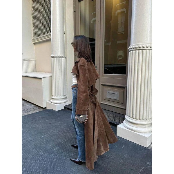 Men's Suede Trench Coat Water Resistant Double Breasted Long Longline - Image 2