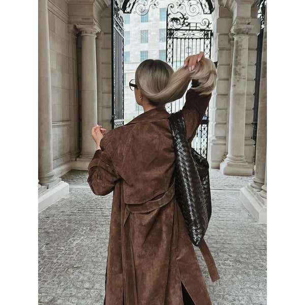 Men's Suede Trench Coat Water Resistant Double Breasted Long Longline - Image 5