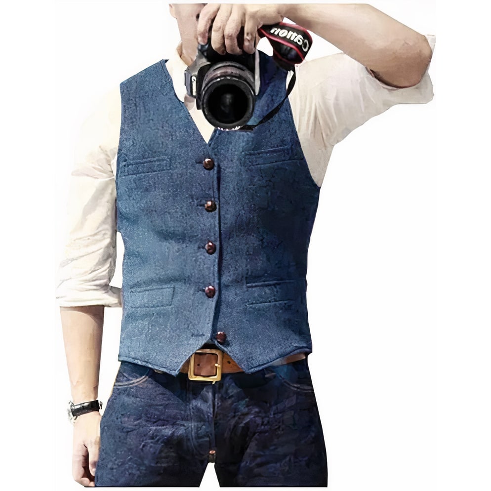 Men's Suit Vest Waistcoat Jacket Slim-Fit Textured Button-Up with Pockets - Image 1