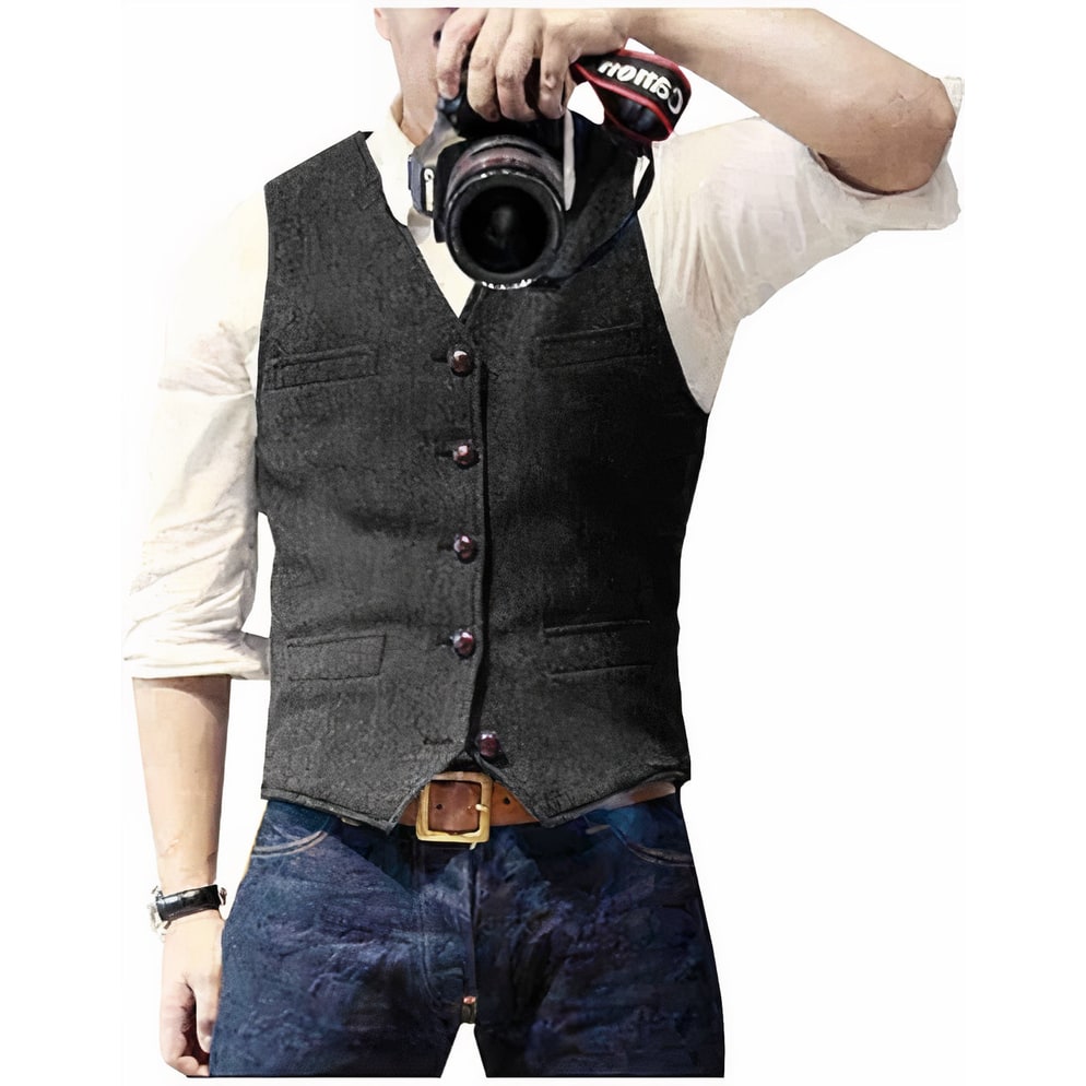 Men's Suit Vest Waistcoat Jacket Slim-Fit Textured Button-Up with Pockets - Image 2