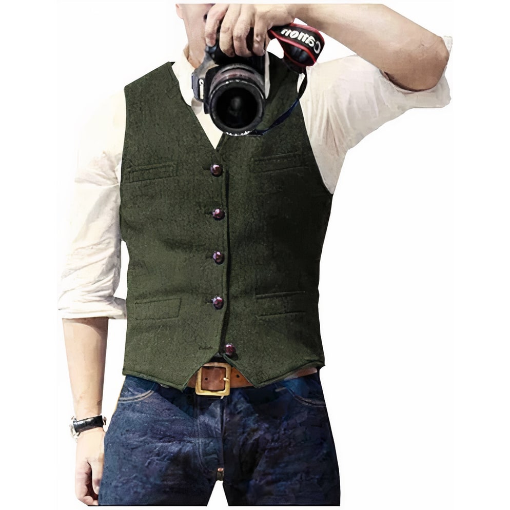 Men's Suit Vest Waistcoat Jacket Slim-Fit Textured Button-Up with Pockets - Image 3