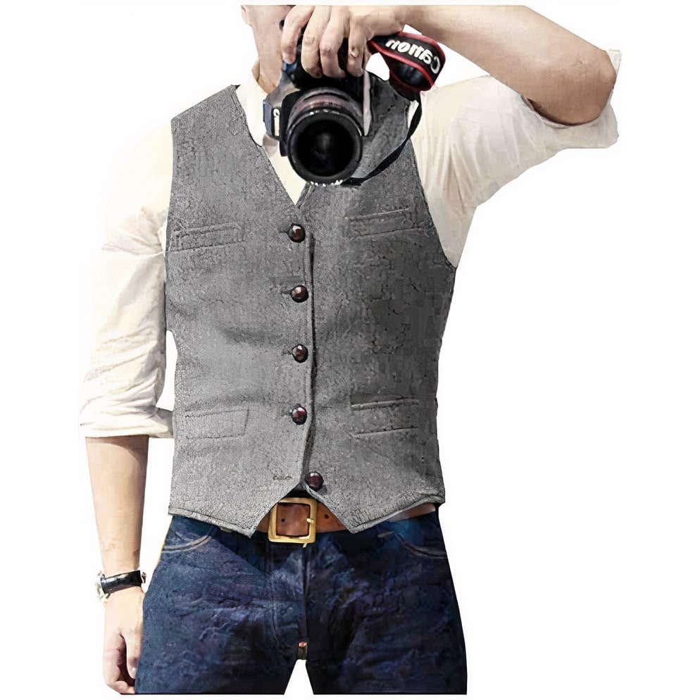 Men's Suit Vest Waistcoat Jacket Slim-Fit Textured Button-Up with Pockets - Image 4