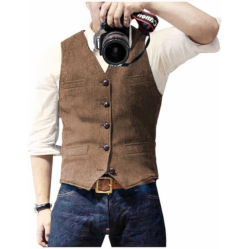 Men's Suit Vest Waistcoat Jacket Slim-Fit Textured Button-Up with Pockets - Image 7