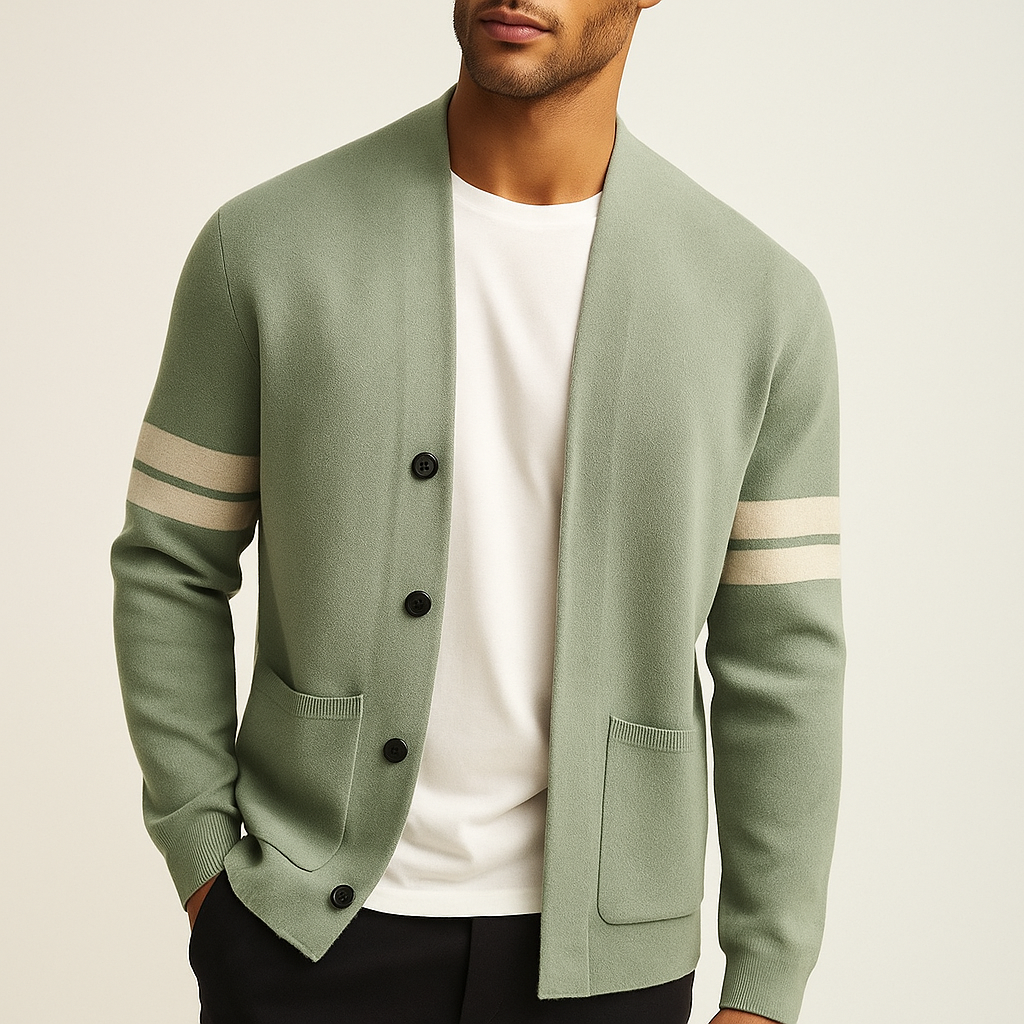 Men's Sweater Cardigan Knit with Merino Wool Blend and Sleeve Stripes - Image 1