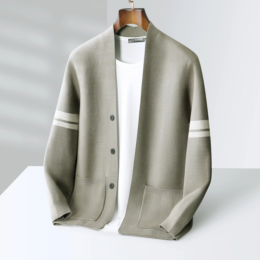 Men's Sweater Cardigan Knit with Merino Wool Blend and Sleeve Stripes - Image 11