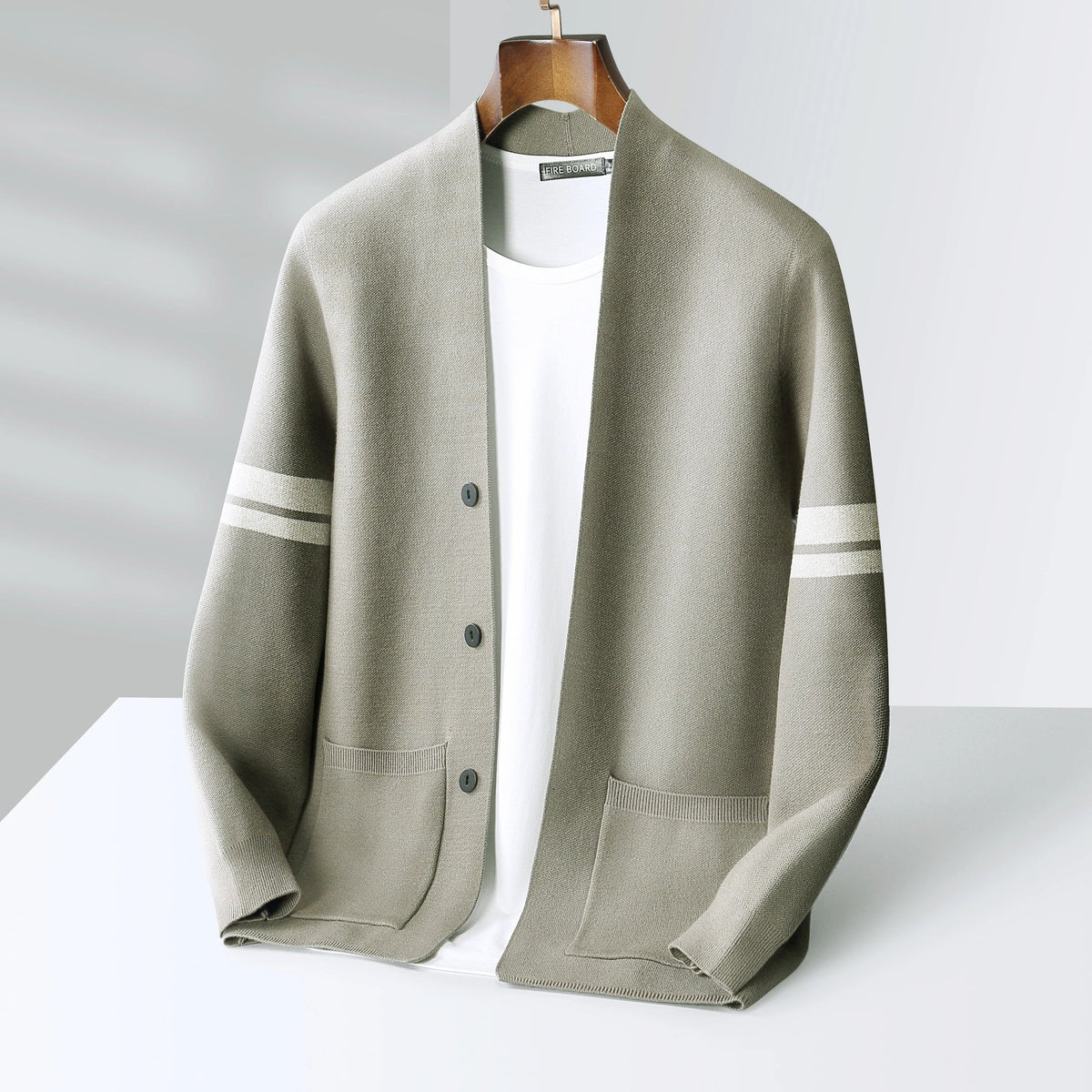 Men's Sweater Cardigan Knit with Merino Wool Blend and Sleeve Stripes - Image 11