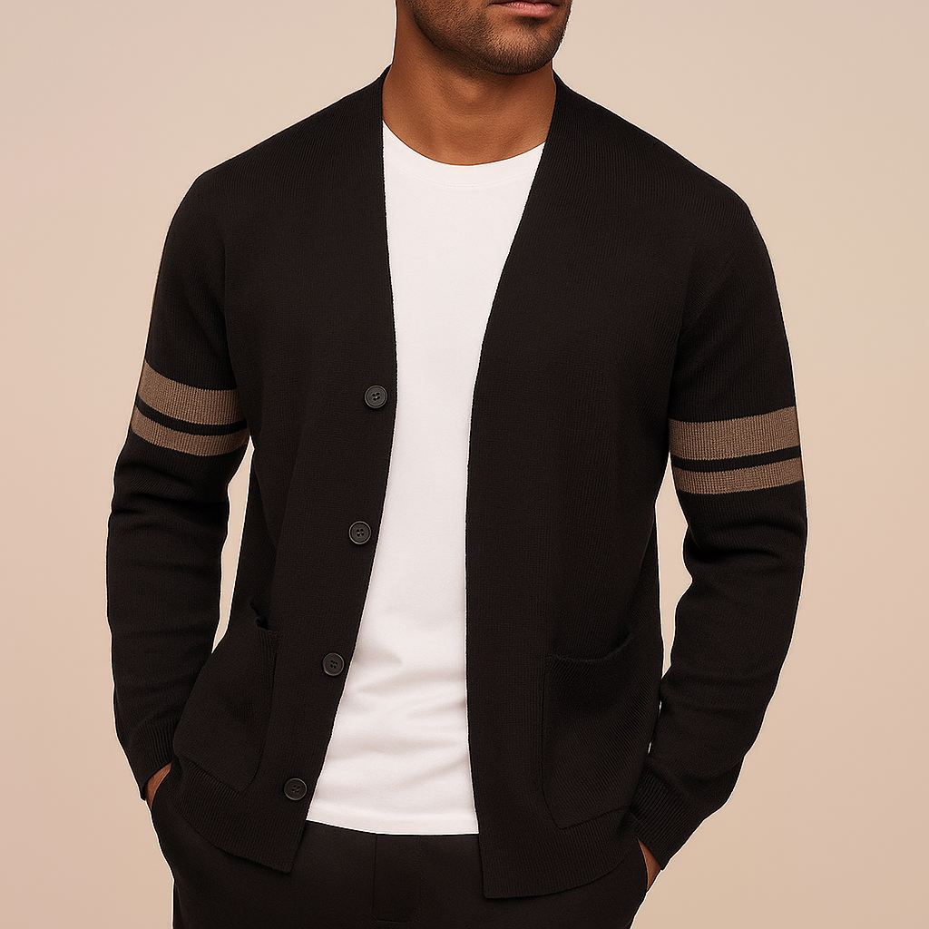 Men's Sweater Cardigan Knit with Merino Wool Blend and Sleeve Stripes - Image 2