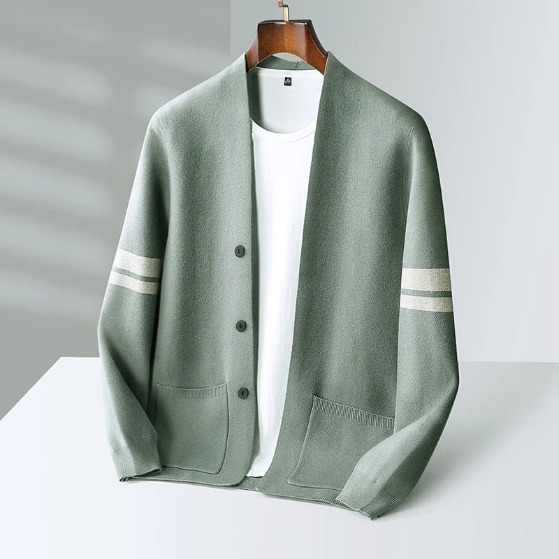 Men's Sweater Cardigan Knit with Merino Wool Blend and Sleeve Stripes - Image 3