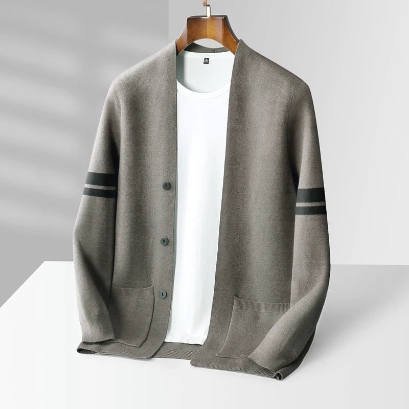 Men's Sweater Cardigan Knit with Merino Wool Blend and Sleeve Stripes - Image 5