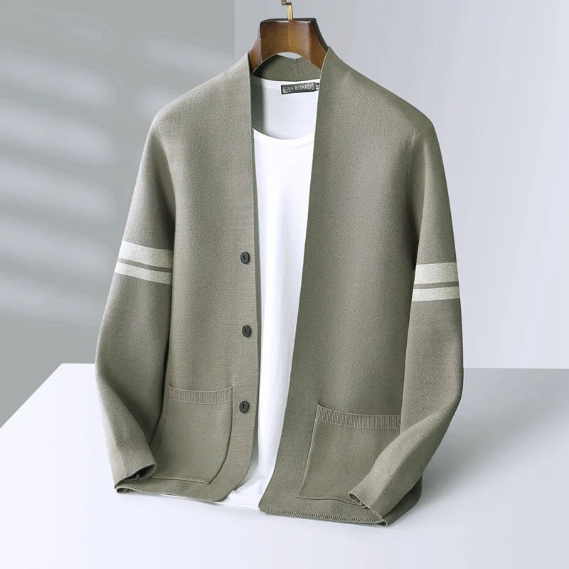 Men's Sweater Cardigan Knit with Merino Wool Blend and Sleeve Stripes - Image 6