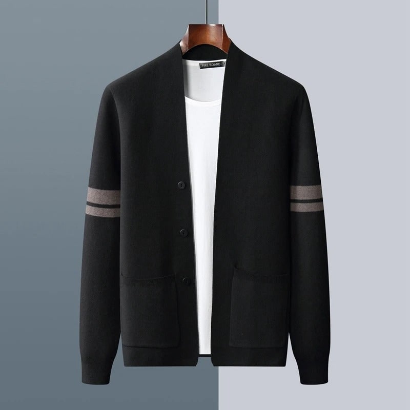 Men's Sweater Cardigan Knit with Merino Wool Blend and Sleeve Stripes - Image 8