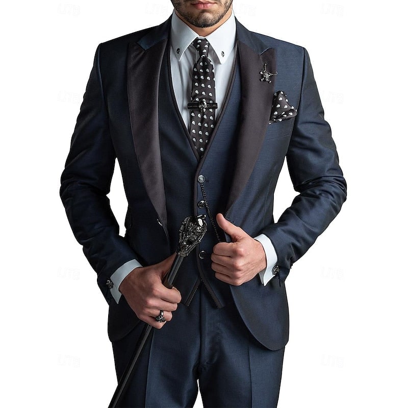 Men's Three Piece Suit Slim Fit with Contrast Peak Lapels and Waistcoat - Image 5