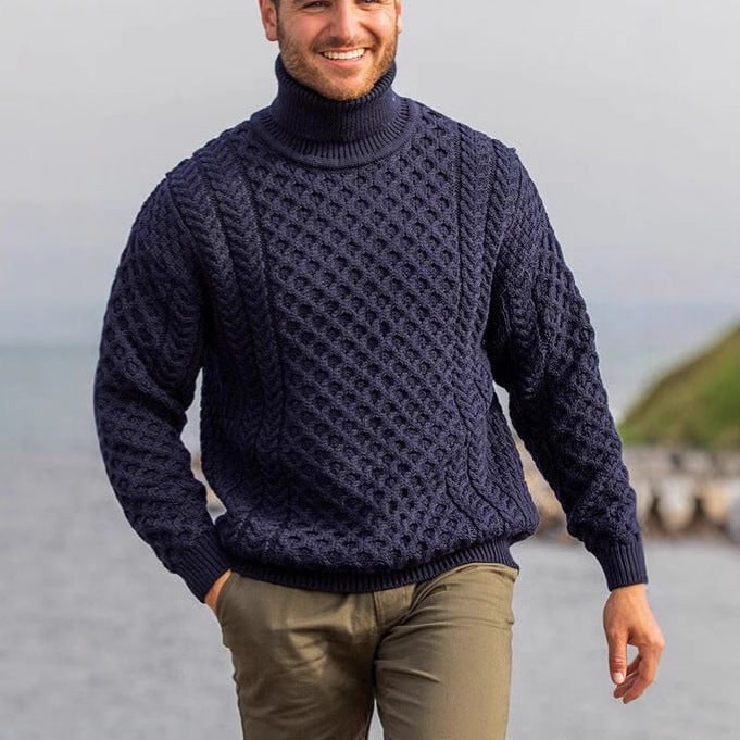 Men's Turtleneck Cable Knit Merino Wool Sweater with Roll Neck and Chunky Texture - Image 1
