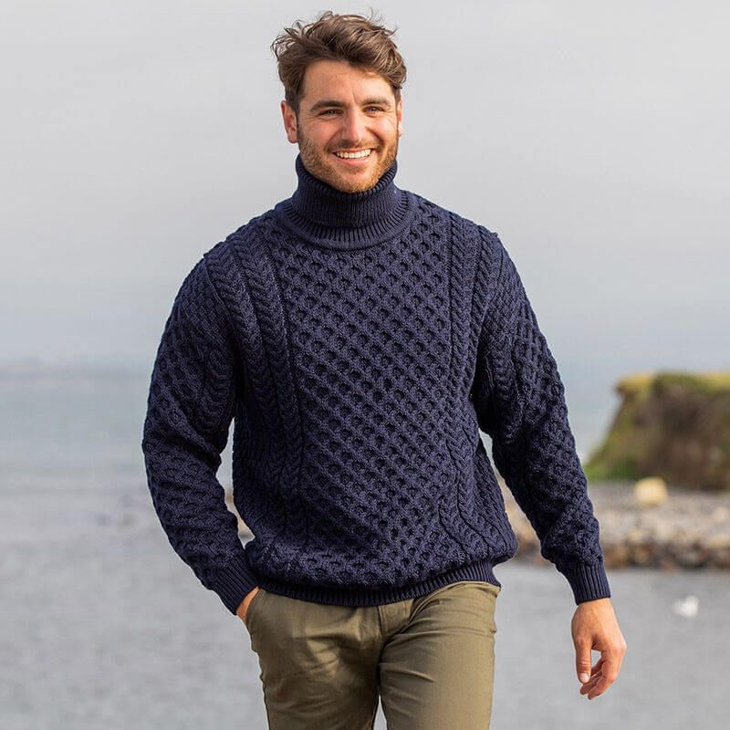 Men's Turtleneck Cable Knit Merino Wool Sweater with Roll Neck and Chunky Texture - Image 10