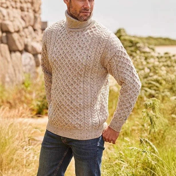 Men's Turtleneck Cable Knit Merino Wool Sweater with Roll Neck and Chunky Texture - Image 2