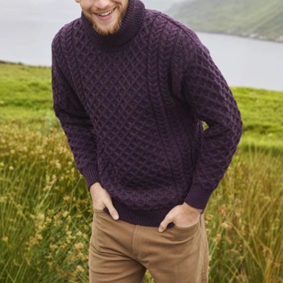 Men's Turtleneck Cable Knit Merino Wool Sweater with Roll Neck and Chunky Texture - Image 3