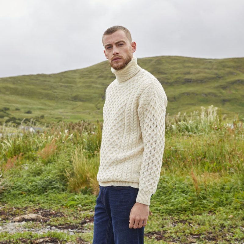 Men's Turtleneck Cable Knit Merino Wool Sweater with Roll Neck and Chunky Texture - Image 6