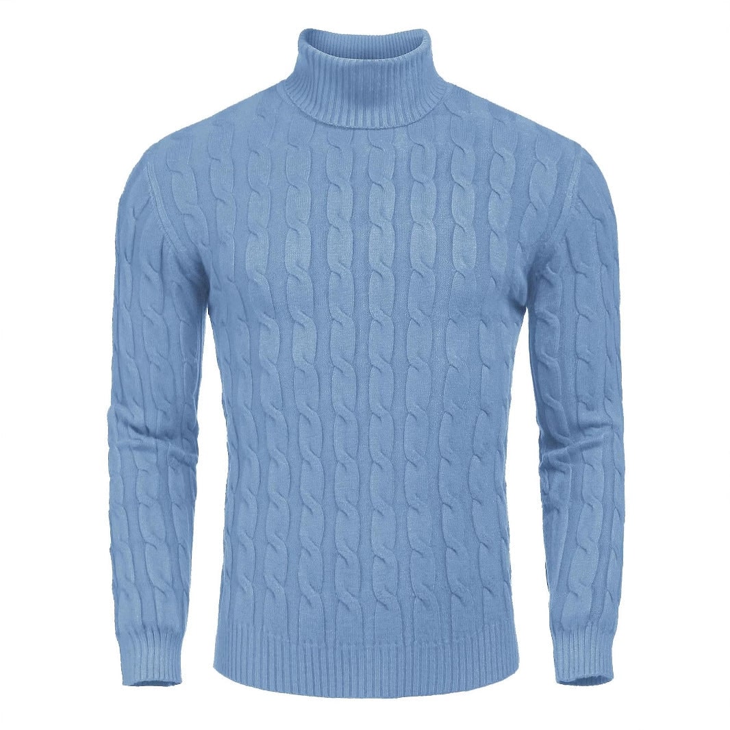 Men's Turtleneck Cable Knit Roll Neck Sweater with Ribbed Cuffs and Slim Fit - Image 1