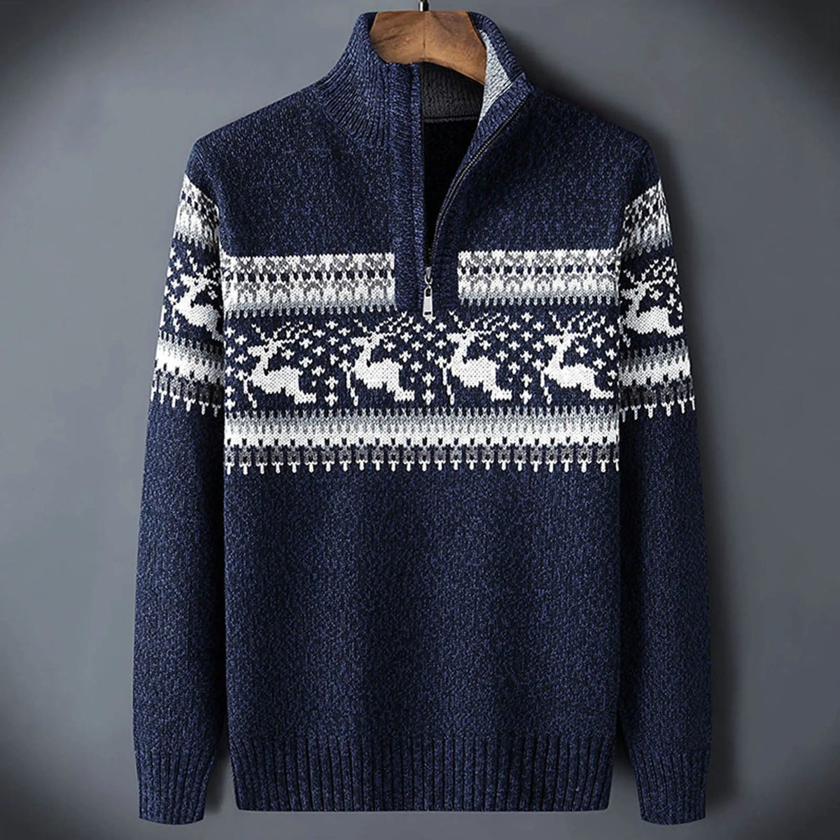Men's Ugly Christmas Fair Isle Knit Sweater Half Zip with Reindeer - Image 1