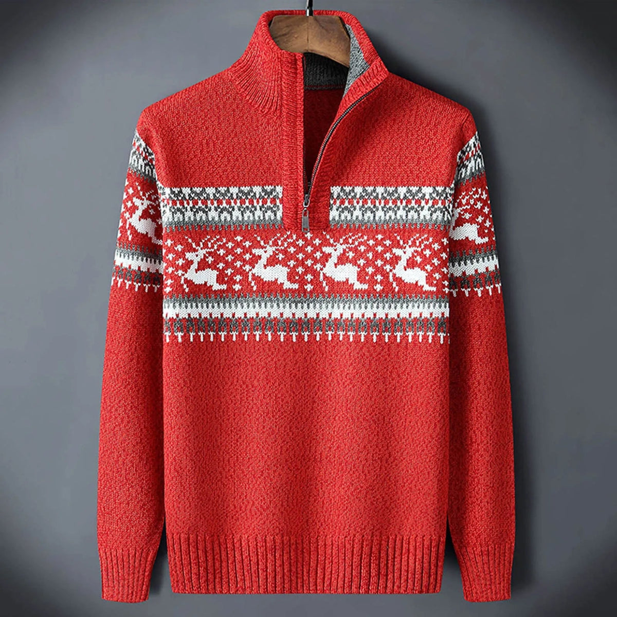 Men's Ugly Christmas Fair Isle Knit Sweater Half Zip with Reindeer - Image 2