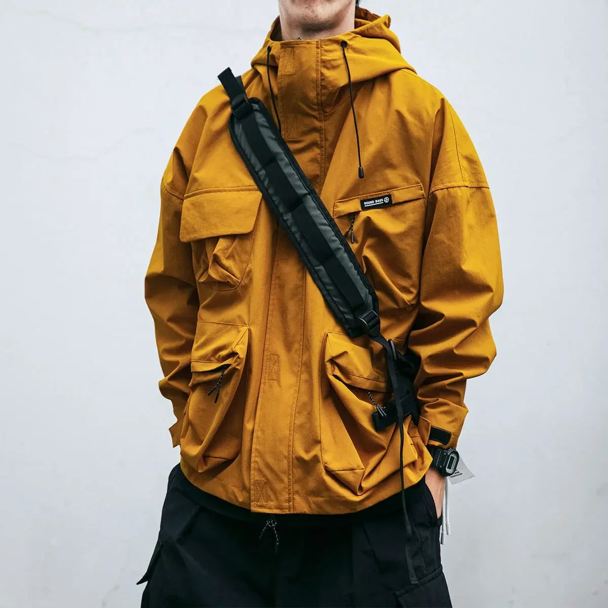 Men's Utility Windbreaker Work Jacket with Hooded Design and Cargo Pockets - Image 1