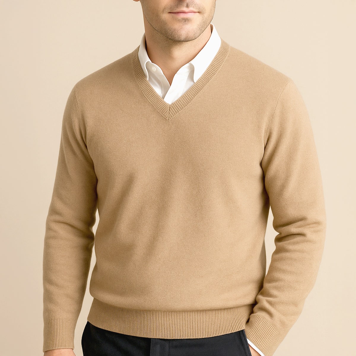 Men's V Neck Quarter Zip Slim Fit Sweater with Fine Knit Ribbed Details - Image 2