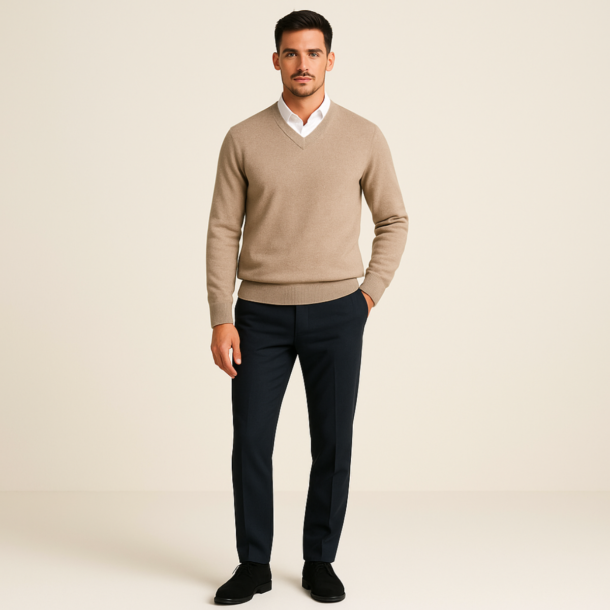 Men's V Neck Quarter Zip Slim Fit Sweater with Fine Knit Ribbed Details - Image 5