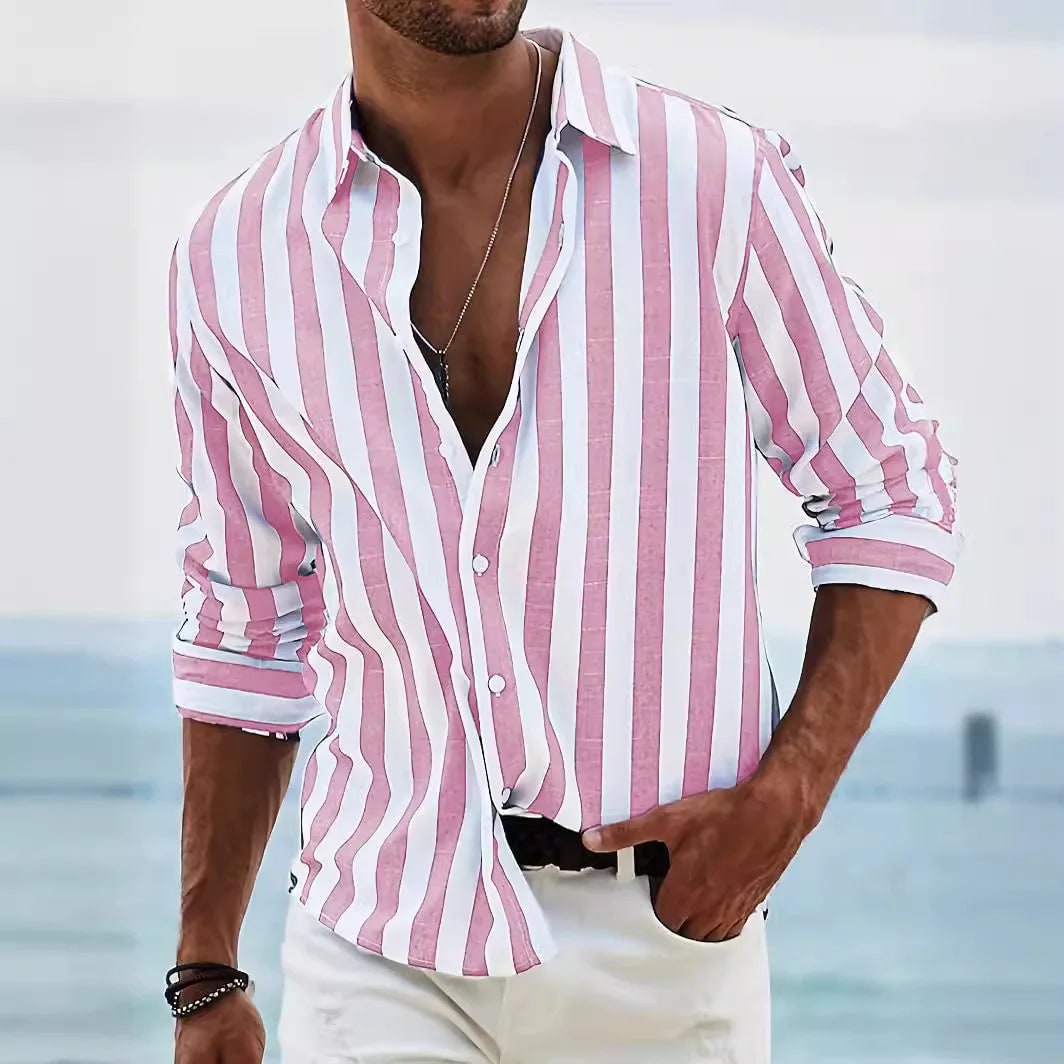 Men's Vertical Striped Button Down Shirt Long Sleeve Casual | Point Collar - Image 1