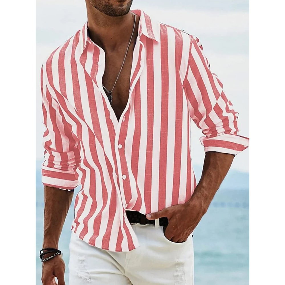 Men's Vertical Striped Button Down Shirt Long Sleeve Casual | Point Collar - Image 2