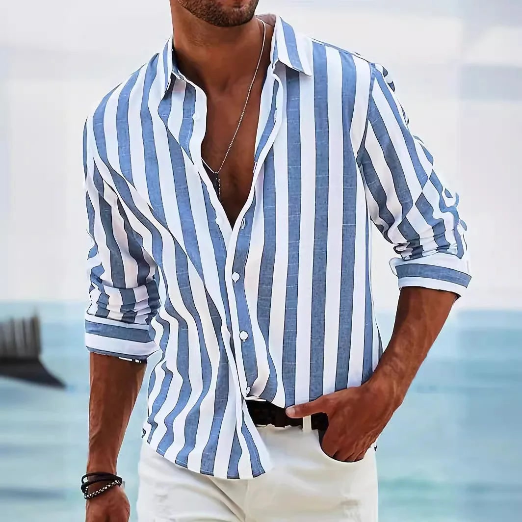 Men's Vertical Striped Button Down Shirt Long Sleeve Casual | Point Collar - Image 4
