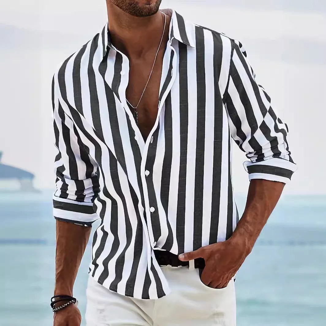 Men's Vertical Striped Button Down Shirt Long Sleeve Casual | Point Collar - Image 5