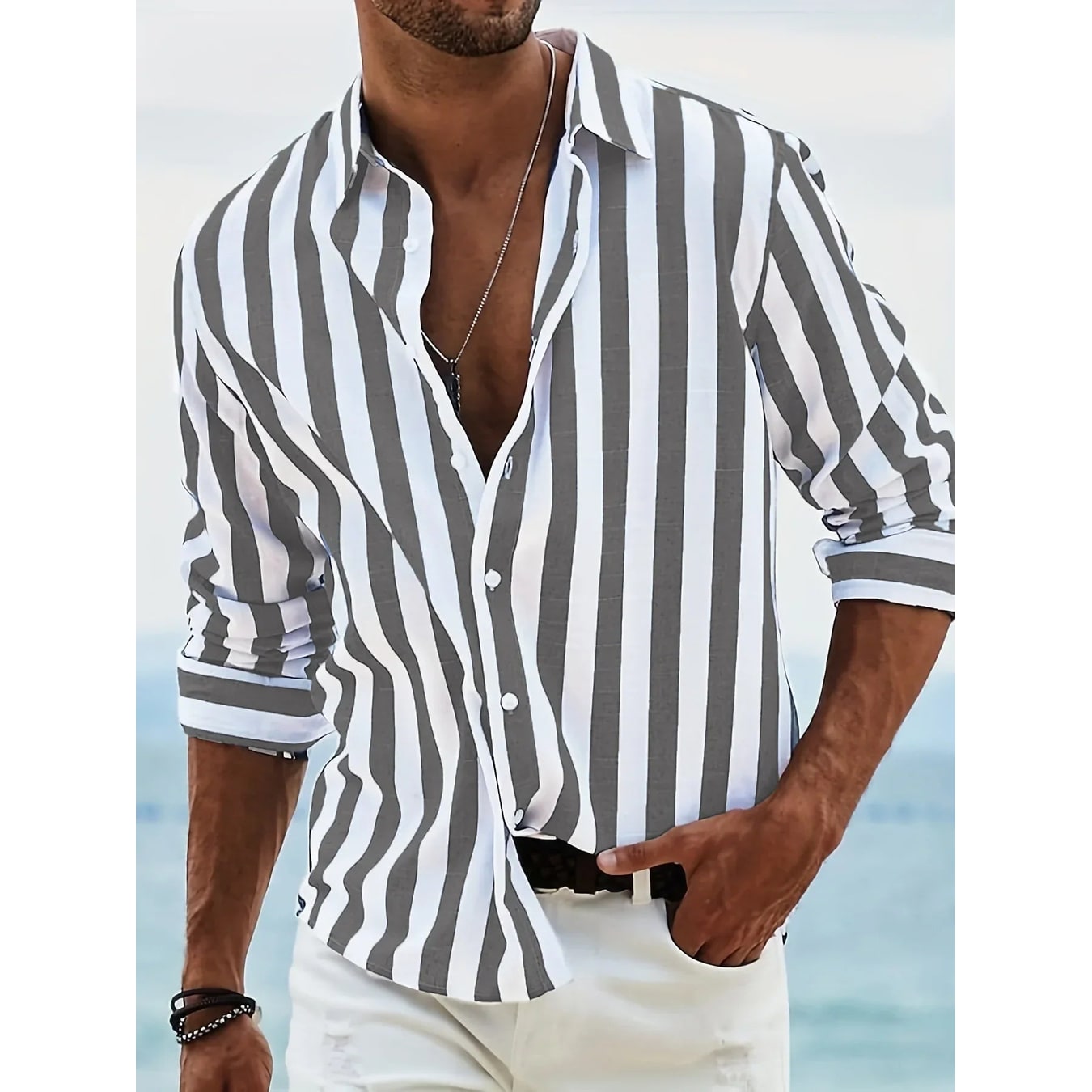 Men's Vertical Striped Button Down Shirt Long Sleeve Casual | Point Collar - Image 7