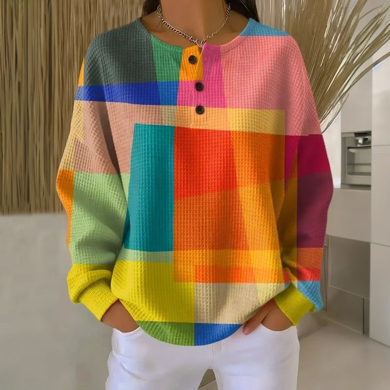 Men's Waffle Knit Henley Top with Geometric Print and Long Sleeves - Image 2