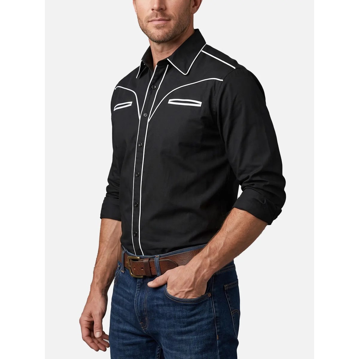 Men's Western Button Up Shirt with Contrast Piping and Spread Collar - Image 2