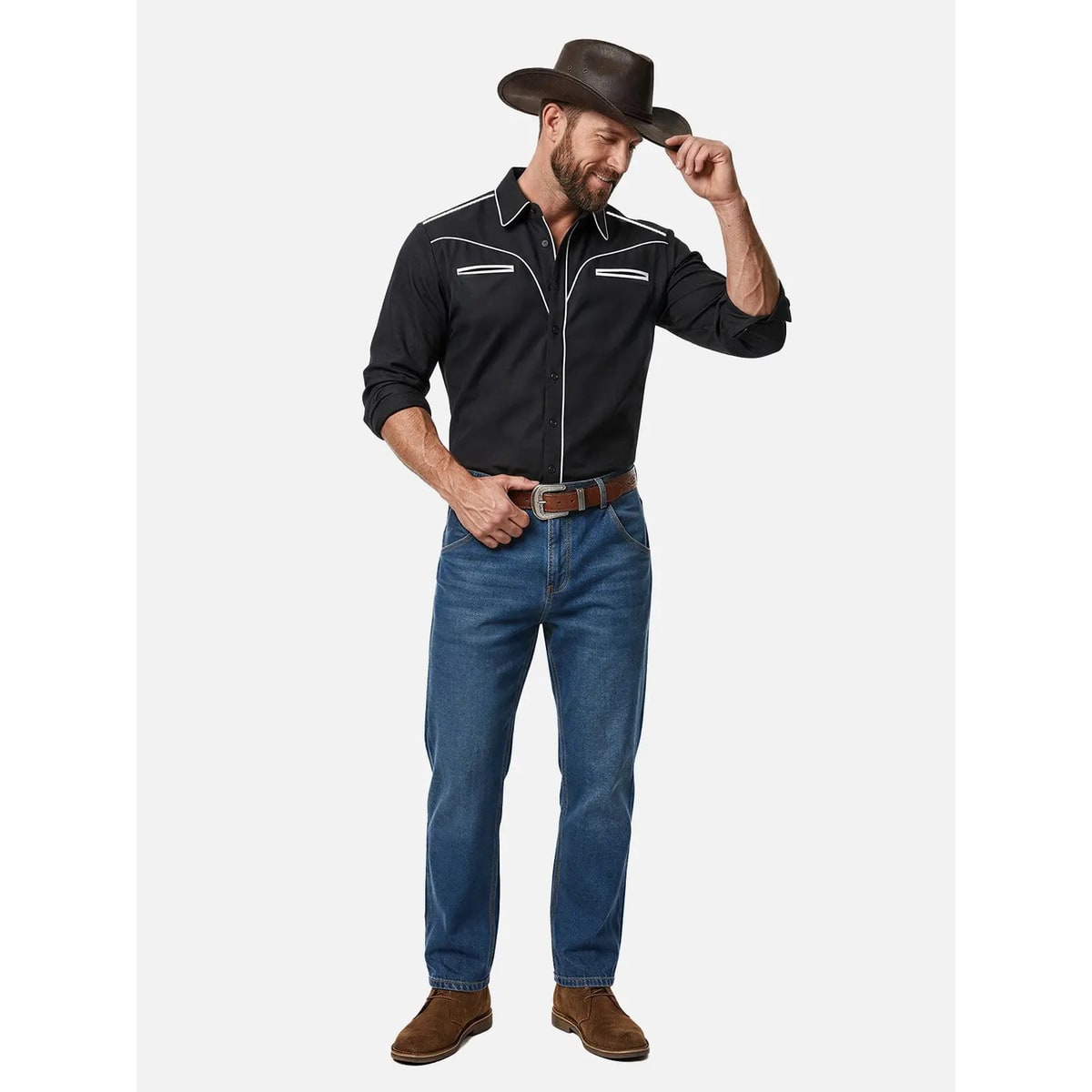 Men's Western Button Up Shirt with Contrast Piping and Spread Collar - Image 3