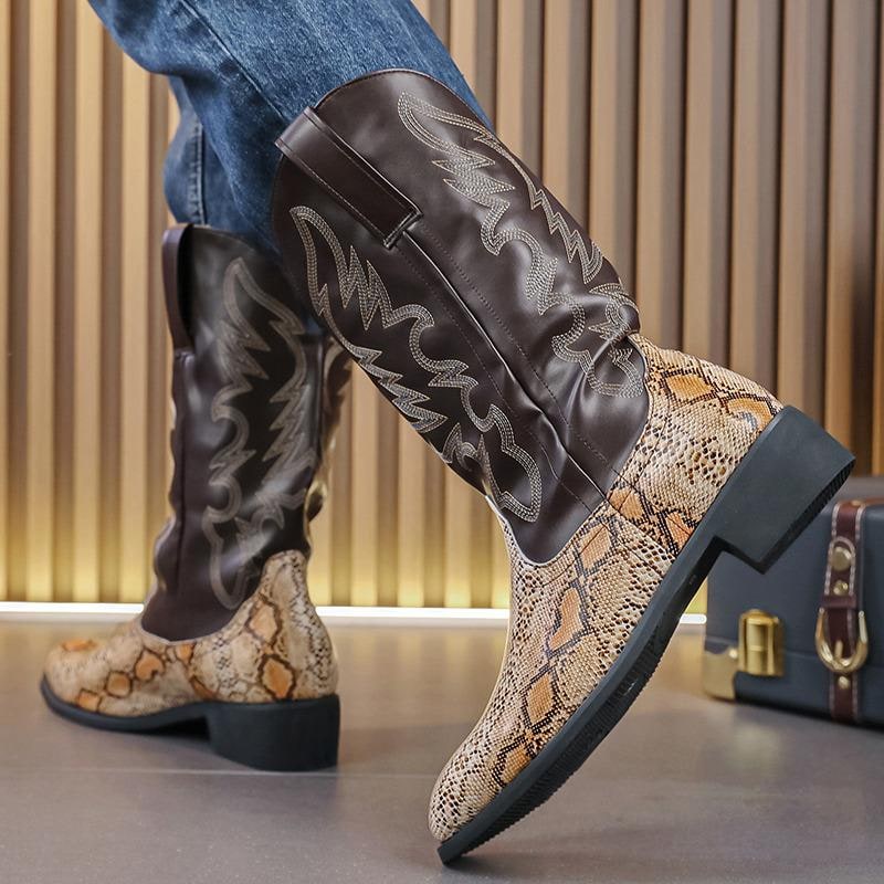 Men's Western Cowboy Boots with Snakeskin Print and Pull Tabs - Image 2