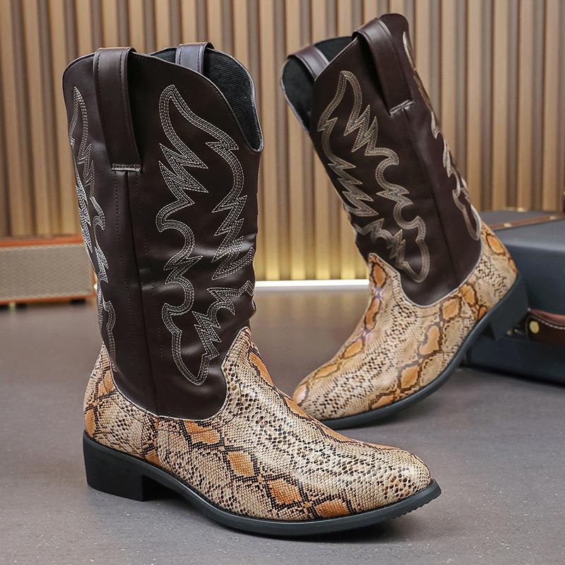 Men's Western Cowboy Boots with Snakeskin Print and Pull Tabs - Image 3
