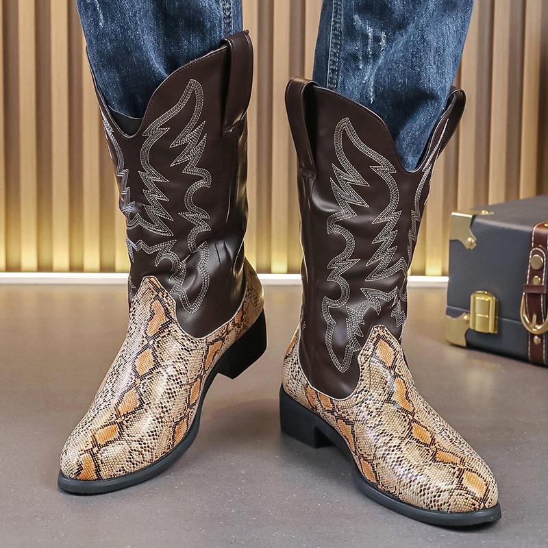 Men's Western Cowboy Boots with Snakeskin Print and Pull Tabs - Image 4