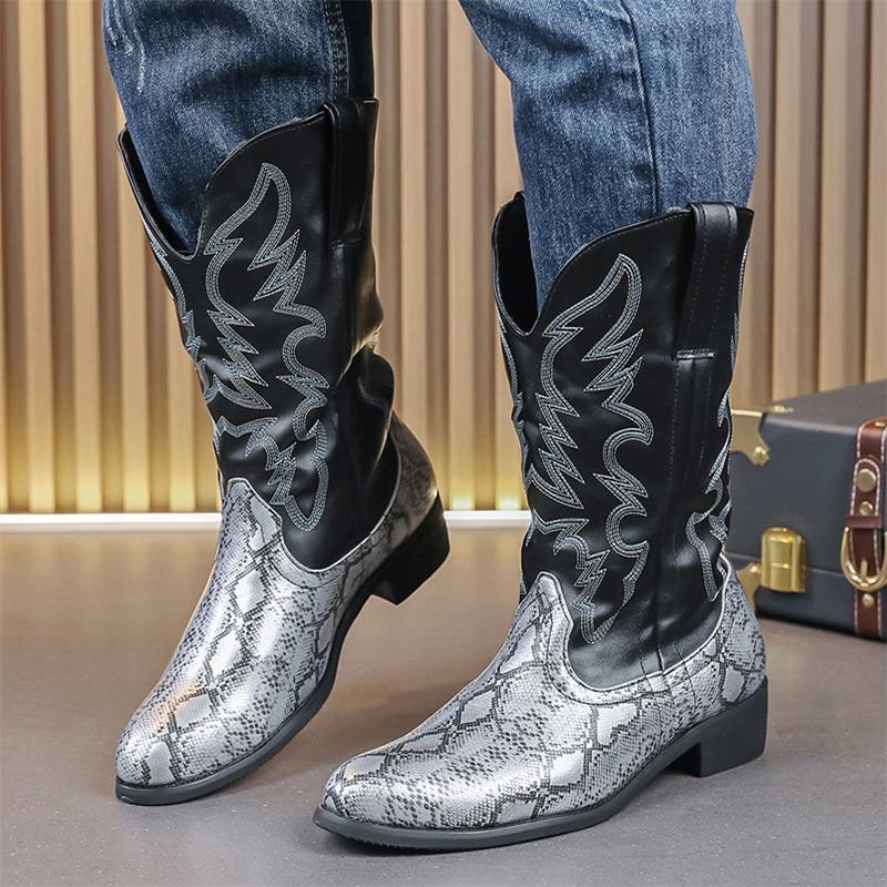 Men's Western Cowboy Boots with Snakeskin Print and Pull Tabs - Image 6