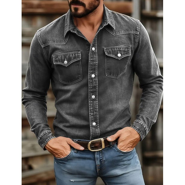 Men's Western Denim Shirt Long Sleeve with Snap Pockets Pointed Collar - Image 2