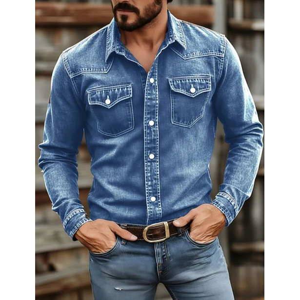 Men's Western Denim Shirt Long Sleeve with Snap Pockets Pointed Collar - Image 3