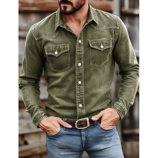 Men's Western Denim Shirt Long Sleeve with Snap Pockets Pointed Collar - Image 4
