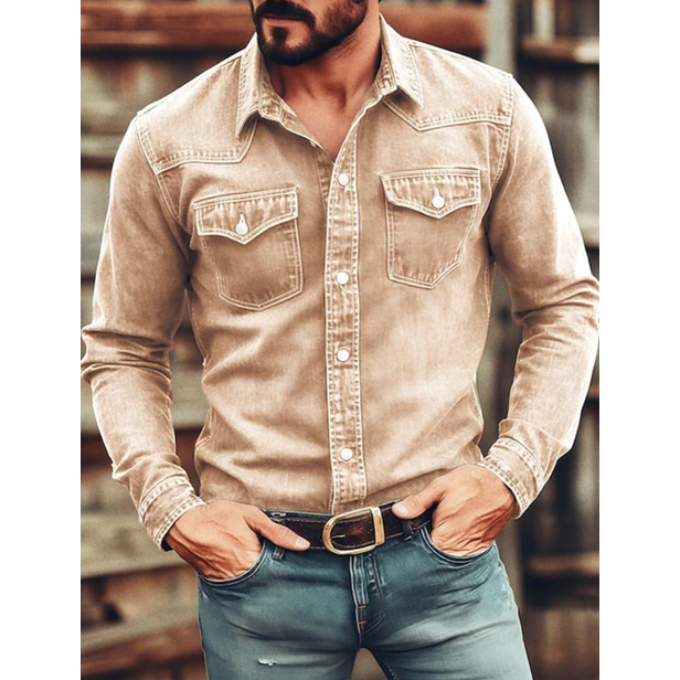 Men's Western Denim Shirt Long Sleeve with Snap Pockets Pointed Collar - Image 5