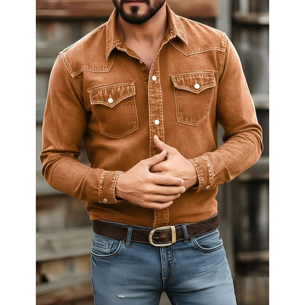 Men's Western Denim Shirt Long Sleeve with Snap Pockets Pointed Collar - Image 6