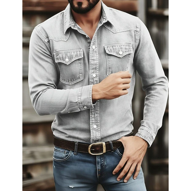 Men's Western Denim Shirt Long Sleeve with Snap Pockets Pointed Collar - Image 7