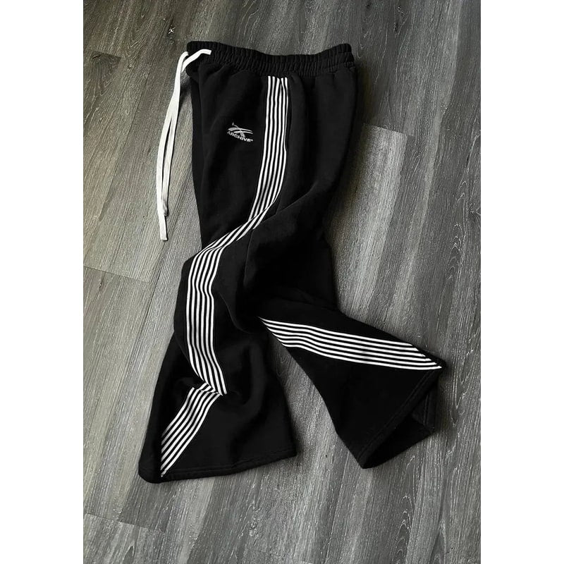 Men's Wide Leg Baggy Fleece Sweatpants with Retro Stripes and Side Pockets - Image 2