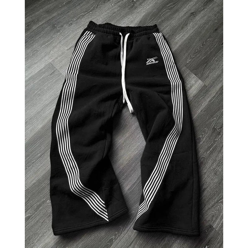 Men's Wide Leg Baggy Fleece Sweatpants with Retro Stripes and Side Pockets - Image 6