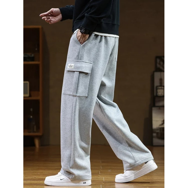 Men's Wide Leg Cargo Sweatpants with Straight and Utility Pockets - Image 1