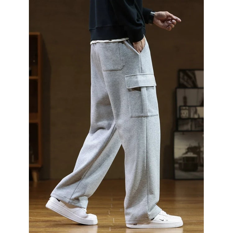 Men's Wide Leg Cargo Sweatpants with Straight and Utility Pockets - Image 3